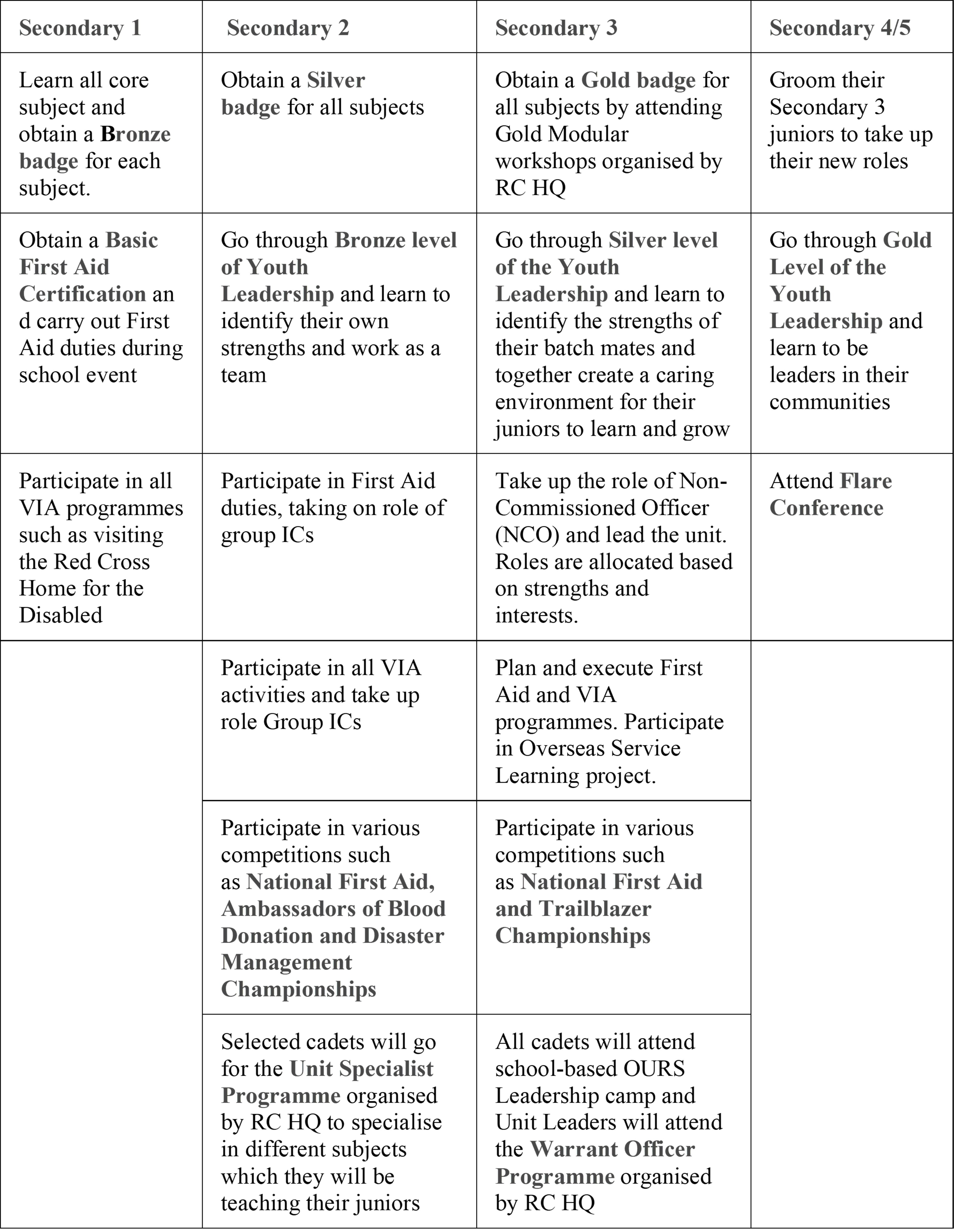 Table showing Red Cross cadet program requirements across Secondary 1 to 4/5 levels, covering badges, leadership, and activities.